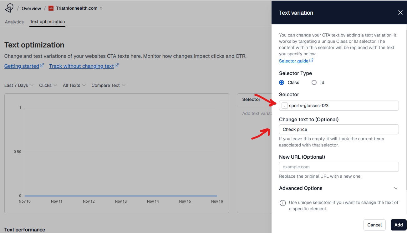 Ctabuild Click Optimization section with selector field